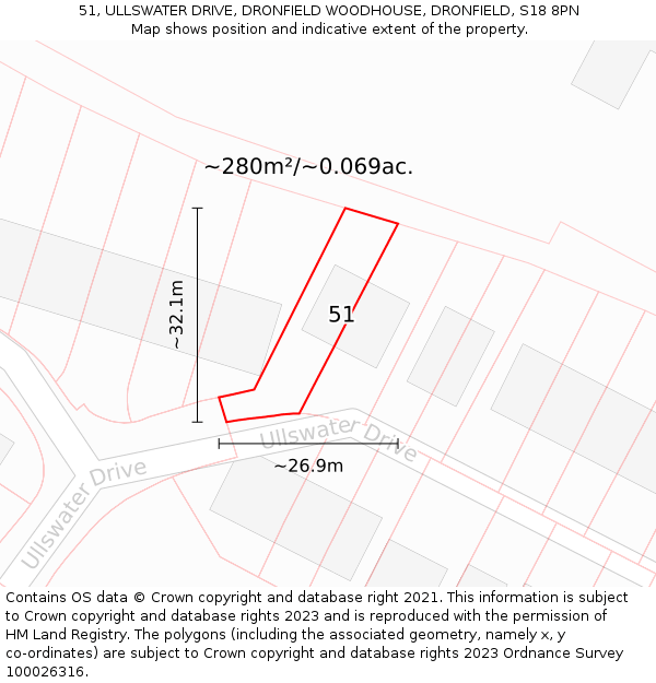 51, ULLSWATER DRIVE, DRONFIELD WOODHOUSE, DRONFIELD, S18 8PN: Plot and title map