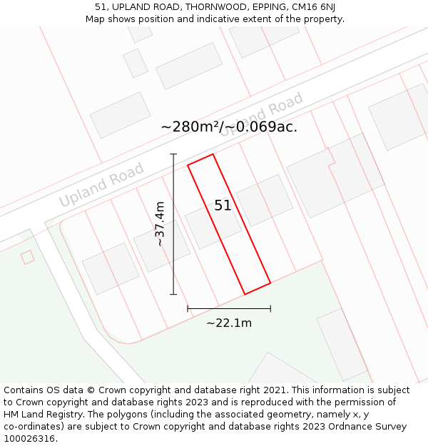 51, UPLAND ROAD, THORNWOOD, EPPING, CM16 6NJ: Plot and title map