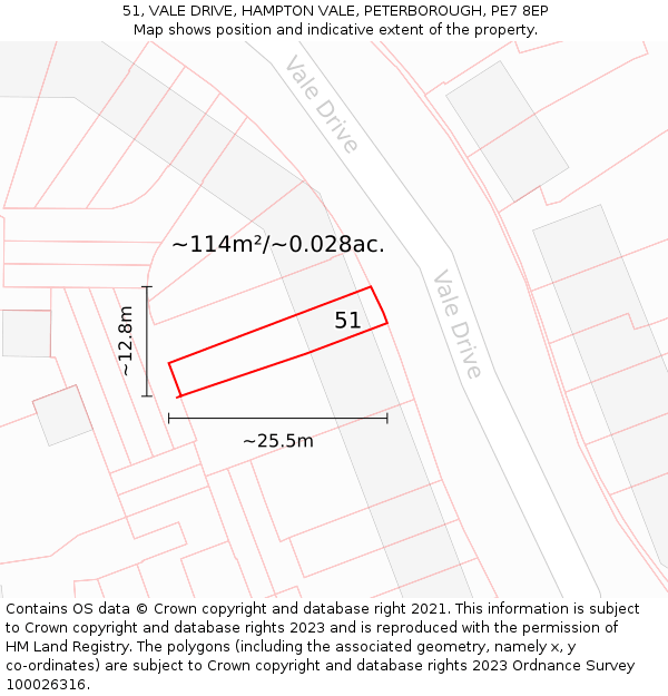 51, VALE DRIVE, HAMPTON VALE, PETERBOROUGH, PE7 8EP: Plot and title map