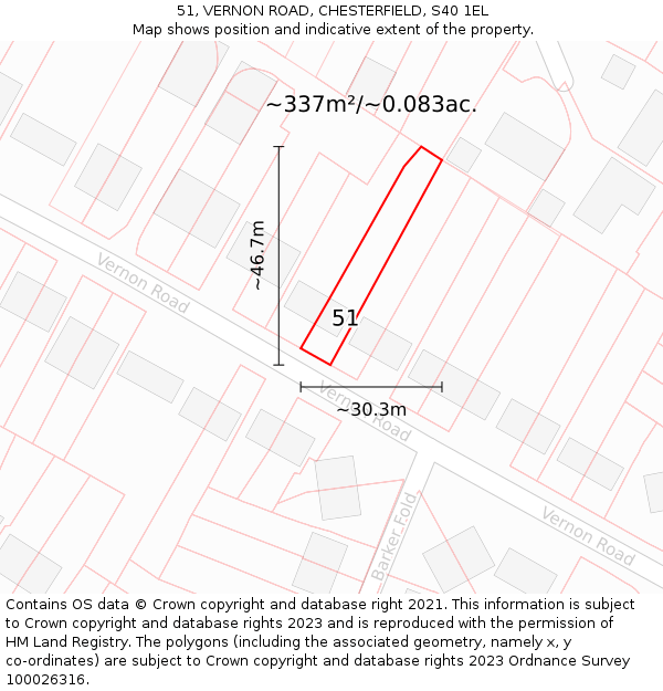 51, VERNON ROAD, CHESTERFIELD, S40 1EL: Plot and title map