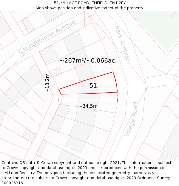 51, VILLAGE ROAD, ENFIELD, EN1 2EY: Plot and title map