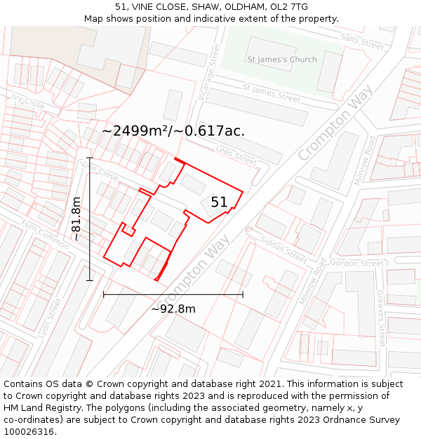 51, VINE CLOSE, SHAW, OLDHAM, OL2 7TG: Plot and title map