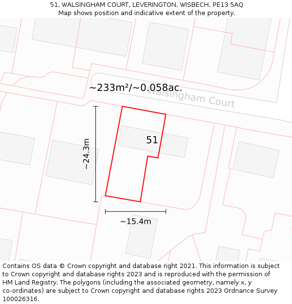 51, WALSINGHAM COURT, LEVERINGTON, WISBECH, PE13 5AQ: Plot and title map