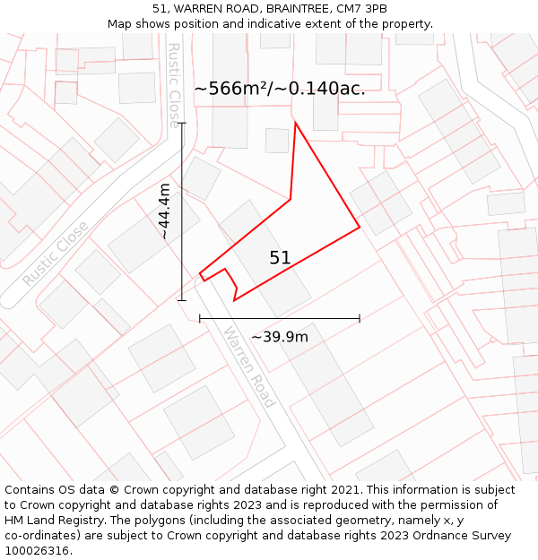 51, WARREN ROAD, BRAINTREE, CM7 3PB: Plot and title map
