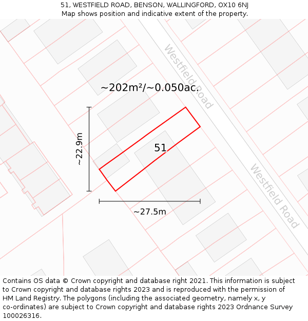 51, WESTFIELD ROAD, BENSON, WALLINGFORD, OX10 6NJ: Plot and title map