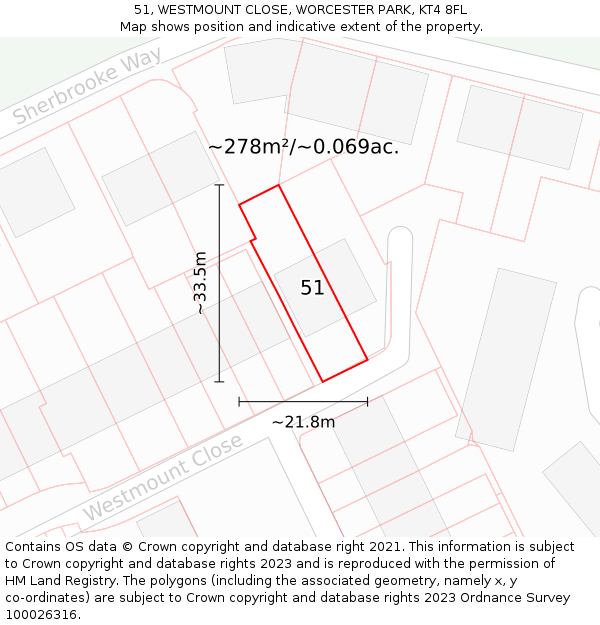 51, WESTMOUNT CLOSE, WORCESTER PARK, KT4 8FL: Plot and title map