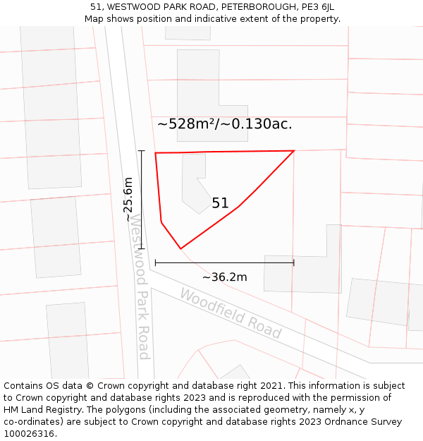 51, WESTWOOD PARK ROAD, PETERBOROUGH, PE3 6JL: Plot and title map