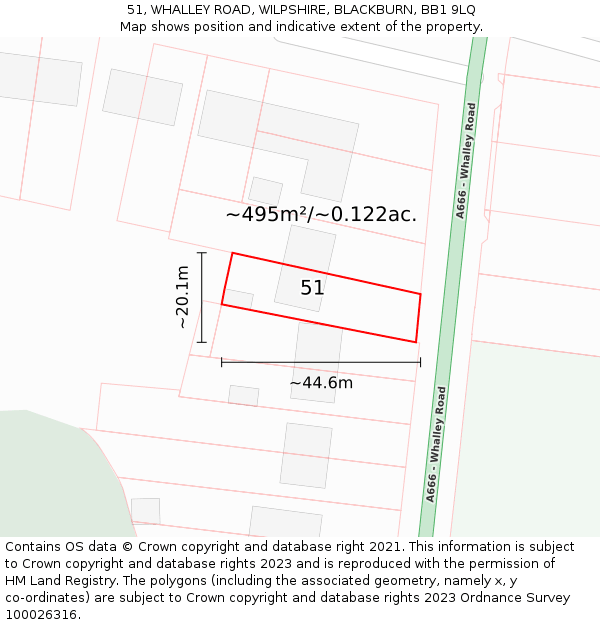 51, WHALLEY ROAD, WILPSHIRE, BLACKBURN, BB1 9LQ: Plot and title map