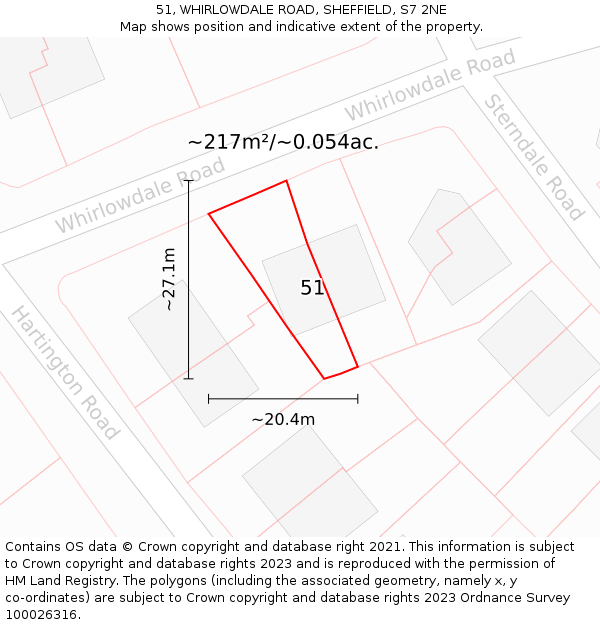 51, WHIRLOWDALE ROAD, SHEFFIELD, S7 2NE: Plot and title map