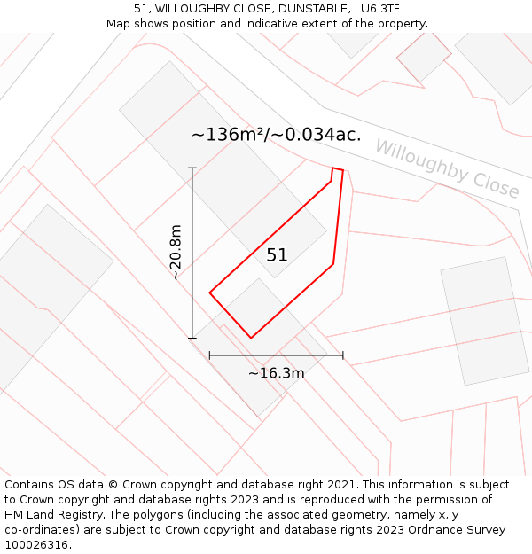 51, WILLOUGHBY CLOSE, DUNSTABLE, LU6 3TF: Plot and title map