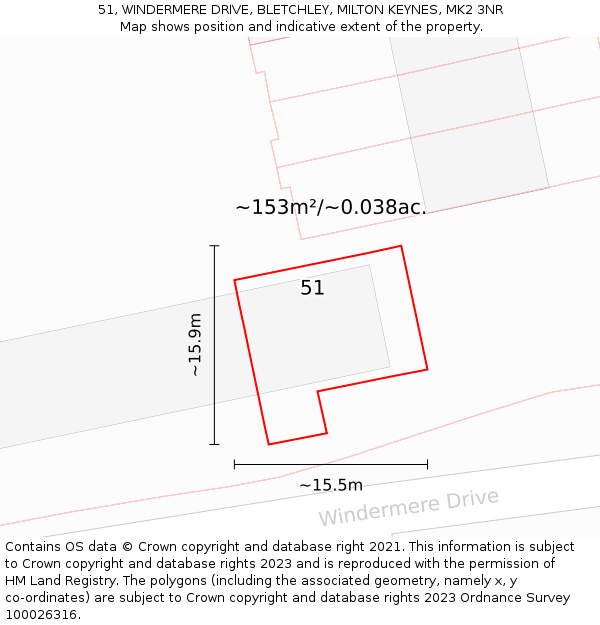 51, WINDERMERE DRIVE, BLETCHLEY, MILTON KEYNES, MK2 3NR: Plot and title map