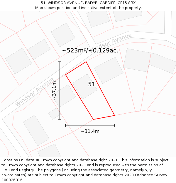 51, WINDSOR AVENUE, RADYR, CARDIFF, CF15 8BX: Plot and title map