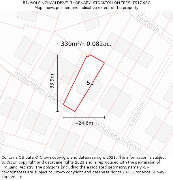 51, WOLSINGHAM DRIVE, THORNABY, STOCKTON-ON-TEES, TS17 9EG: Plot and title map