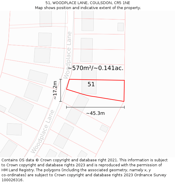 51, WOODPLACE LANE, COULSDON, CR5 1NE: Plot and title map