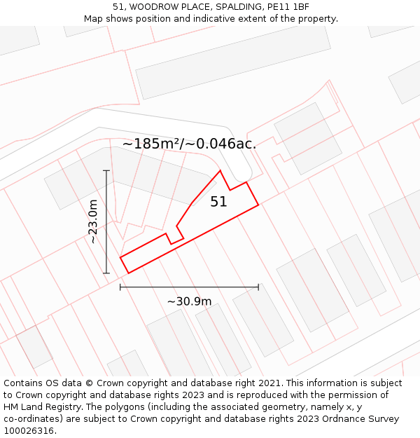 51, WOODROW PLACE, SPALDING, PE11 1BF: Plot and title map