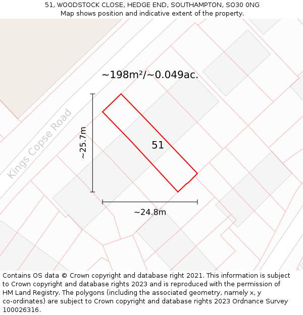 51, WOODSTOCK CLOSE, HEDGE END, SOUTHAMPTON, SO30 0NG: Plot and title map