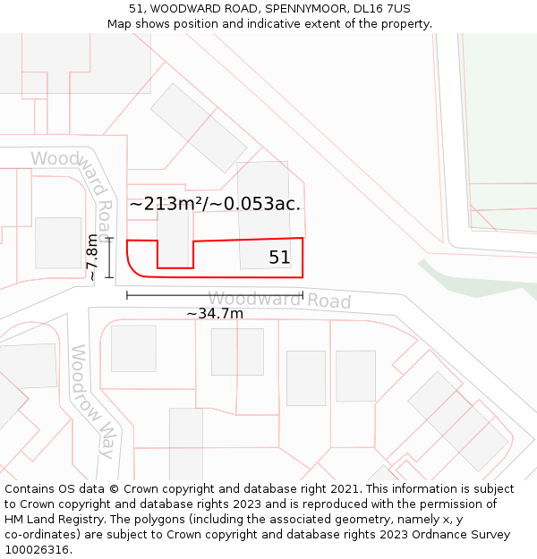 51, WOODWARD ROAD, SPENNYMOOR, DL16 7US: Plot and title map