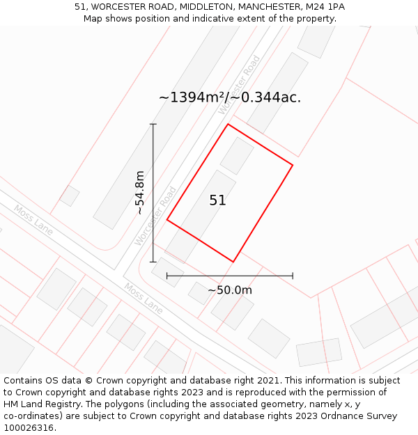 51, WORCESTER ROAD, MIDDLETON, MANCHESTER, M24 1PA: Plot and title map