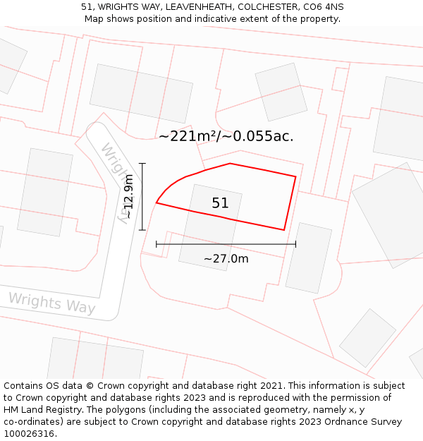 51, WRIGHTS WAY, LEAVENHEATH, COLCHESTER, CO6 4NS: Plot and title map
