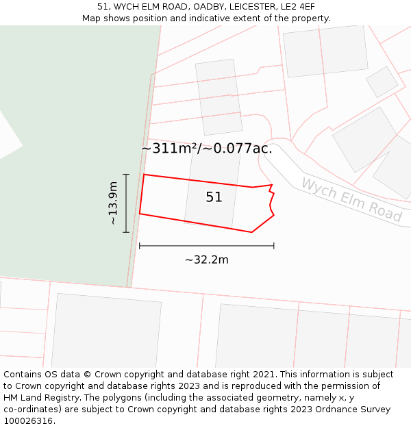 51, WYCH ELM ROAD, OADBY, LEICESTER, LE2 4EF: Plot and title map