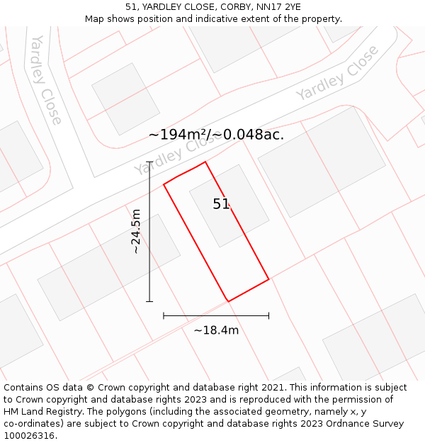 51, YARDLEY CLOSE, CORBY, NN17 2YE: Plot and title map