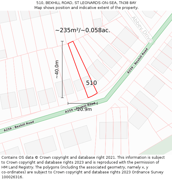 510, BEXHILL ROAD, ST LEONARDS-ON-SEA, TN38 8AY: Plot and title map