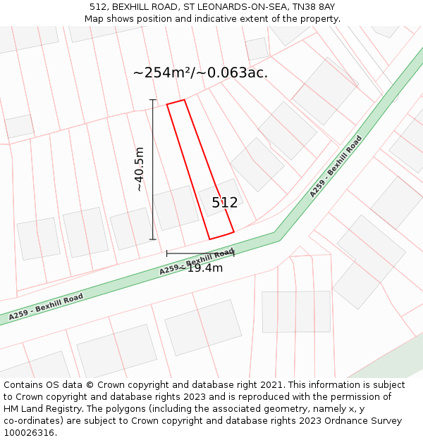 512, BEXHILL ROAD, ST LEONARDS-ON-SEA, TN38 8AY: Plot and title map