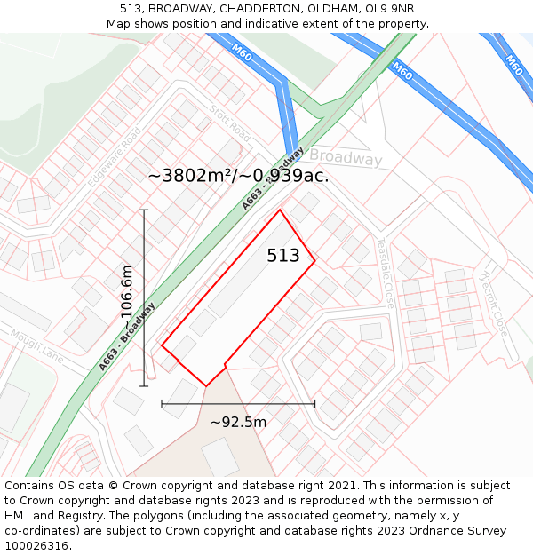 513, BROADWAY, CHADDERTON, OLDHAM, OL9 9NR: Plot and title map