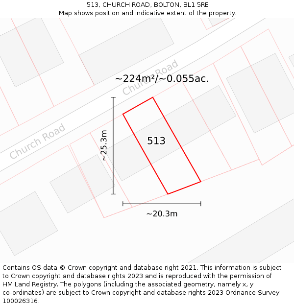 513, CHURCH ROAD, BOLTON, BL1 5RE: Plot and title map