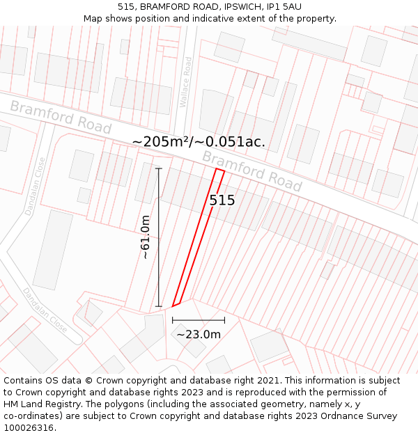 515, BRAMFORD ROAD, IPSWICH, IP1 5AU: Plot and title map