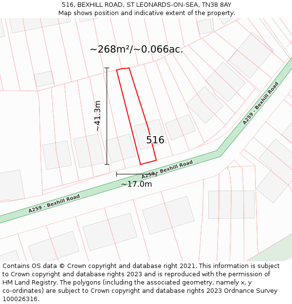 516, BEXHILL ROAD, ST LEONARDS-ON-SEA, TN38 8AY: Plot and title map