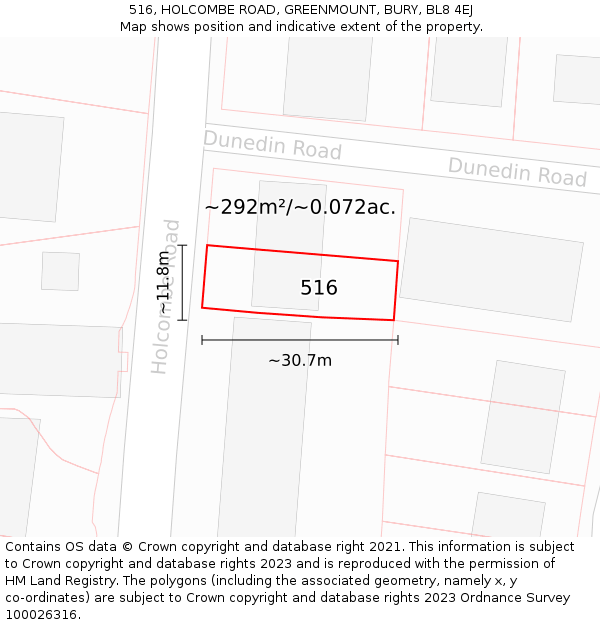 516, HOLCOMBE ROAD, GREENMOUNT, BURY, BL8 4EJ: Plot and title map
