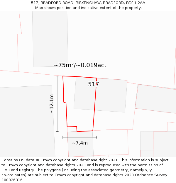 517, BRADFORD ROAD, BIRKENSHAW, BRADFORD, BD11 2AA: Plot and title map