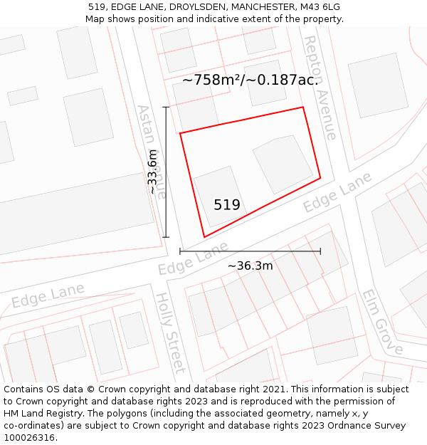 519, EDGE LANE, DROYLSDEN, MANCHESTER, M43 6LG: Plot and title map