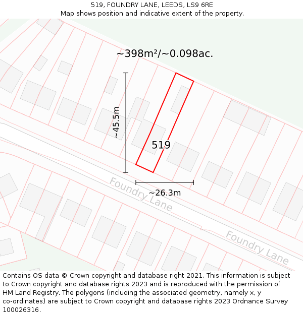 519, FOUNDRY LANE, LEEDS, LS9 6RE: Plot and title map