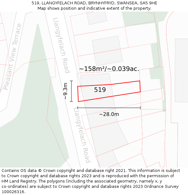 519, LLANGYFELACH ROAD, BRYNHYFRYD, SWANSEA, SA5 9HE: Plot and title map
