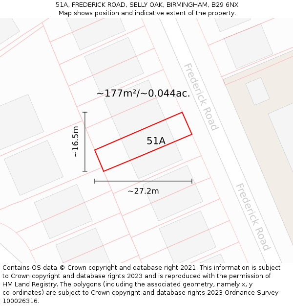 51A, FREDERICK ROAD, SELLY OAK, BIRMINGHAM, B29 6NX: Plot and title map