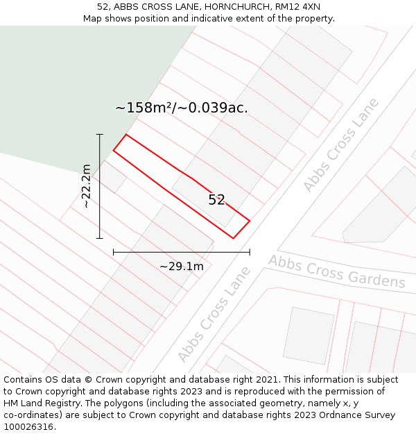 52, ABBS CROSS LANE, HORNCHURCH, RM12 4XN: Plot and title map