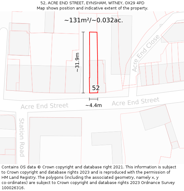 52, ACRE END STREET, EYNSHAM, WITNEY, OX29 4PD: Plot and title map