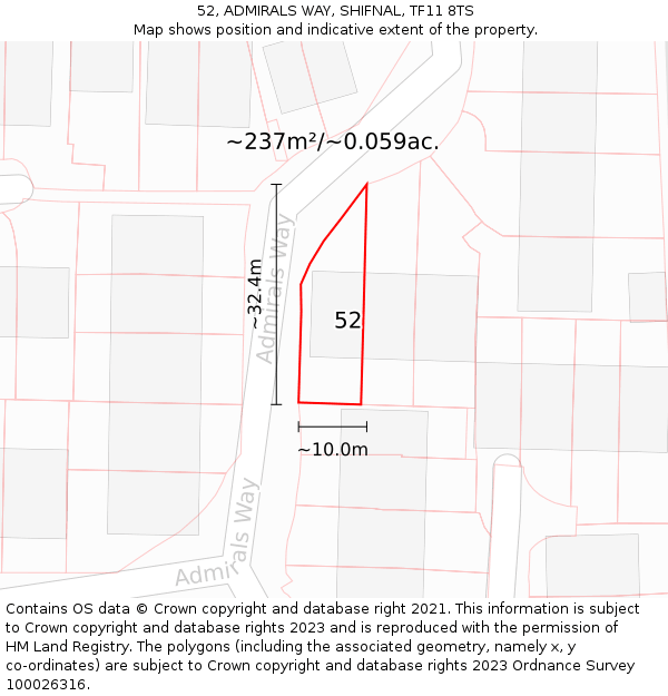 52, ADMIRALS WAY, SHIFNAL, TF11 8TS: Plot and title map