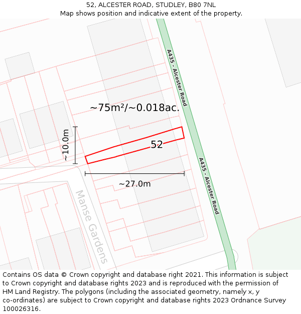 52, ALCESTER ROAD, STUDLEY, B80 7NL: Plot and title map