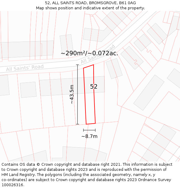 52, ALL SAINTS ROAD, BROMSGROVE, B61 0AG: Plot and title map