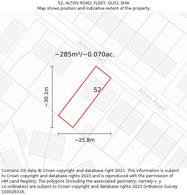 52, ALTON ROAD, FLEET, GU51 3HW: Plot and title map