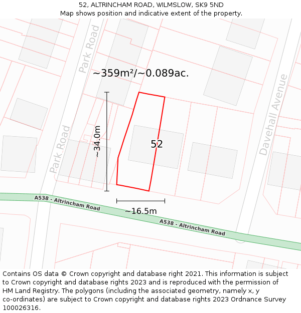 52, ALTRINCHAM ROAD, WILMSLOW, SK9 5ND: Plot and title map