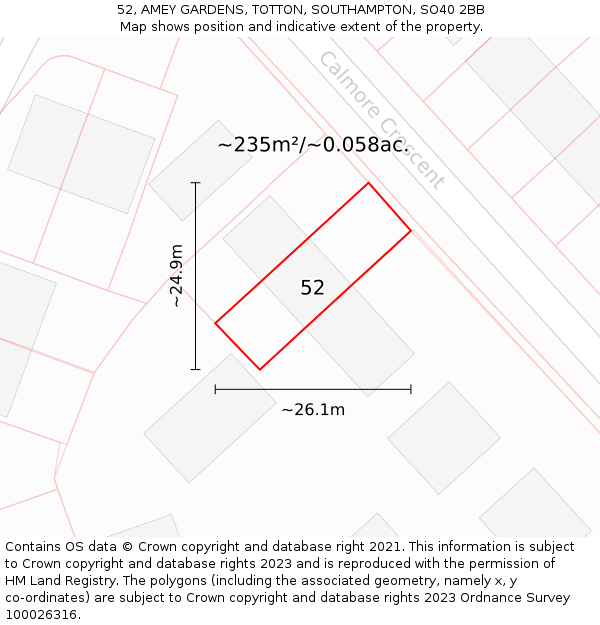 52, AMEY GARDENS, TOTTON, SOUTHAMPTON, SO40 2BB: Plot and title map