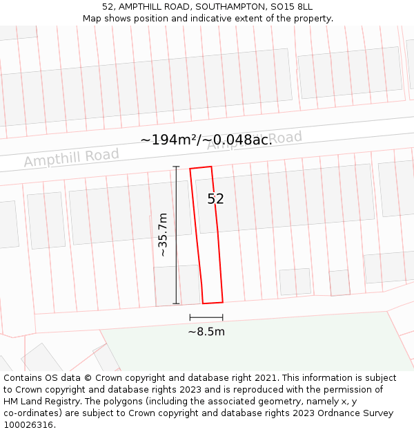 52, AMPTHILL ROAD, SOUTHAMPTON, SO15 8LL: Plot and title map