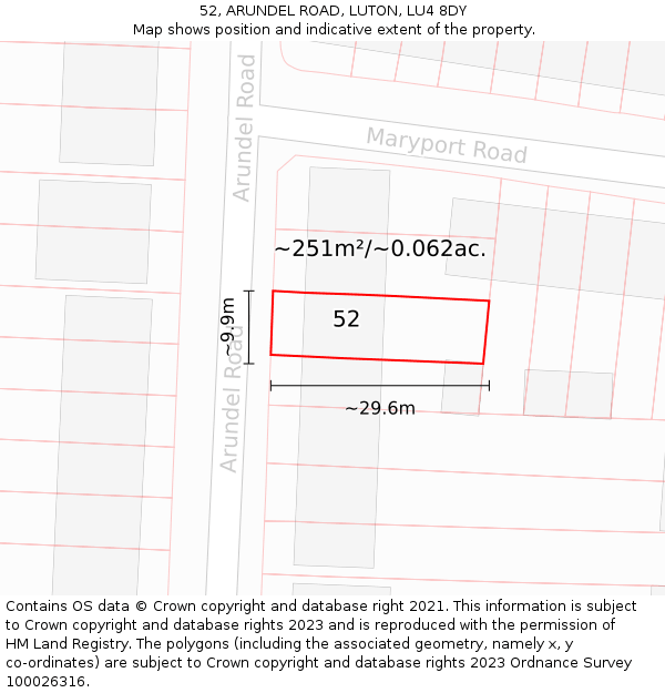 52, ARUNDEL ROAD, LUTON, LU4 8DY: Plot and title map
