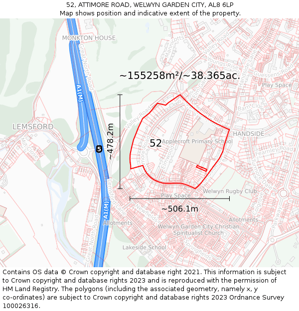 52, ATTIMORE ROAD, WELWYN GARDEN CITY, AL8 6LP: Plot and title map