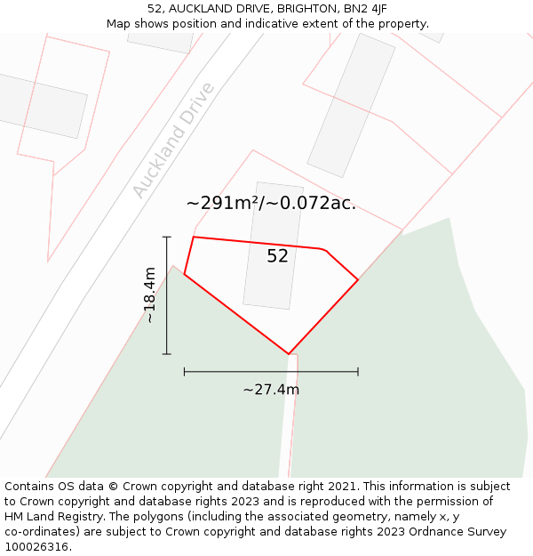 52, AUCKLAND DRIVE, BRIGHTON, BN2 4JF: Plot and title map