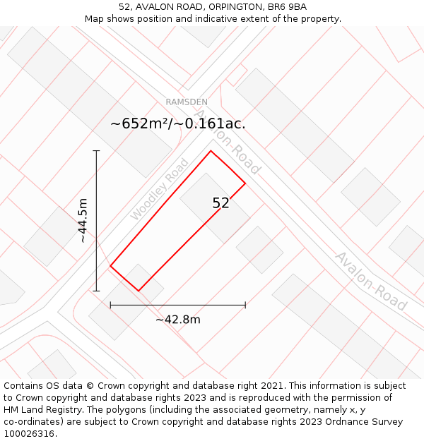 52, AVALON ROAD, ORPINGTON, BR6 9BA: Plot and title map